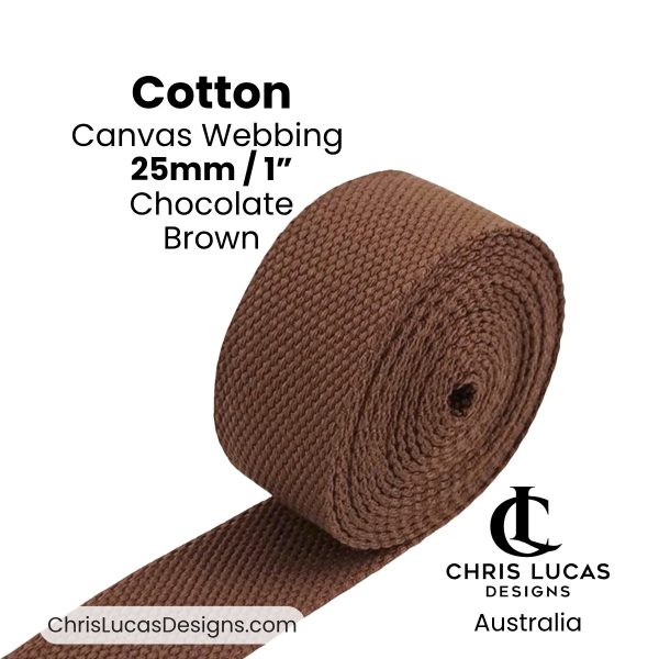 Chocolate Brown cotton canvas webbing 25mm wide for bag straps, handbags and sewing projects from Chris Lucas Designs Australia