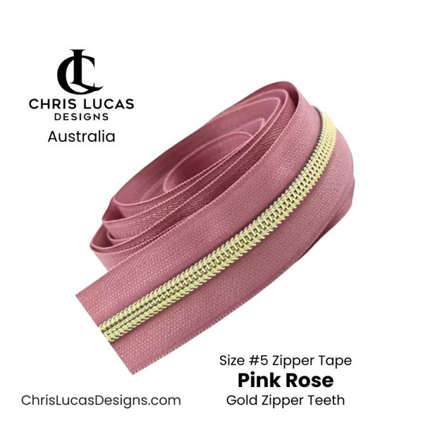Pink Rose Zipper Tape with Gold Nylon Coil Metallic Zipper Teeth Size #5 Australian Bag Making Supplies Australia Chris Lucas Designs