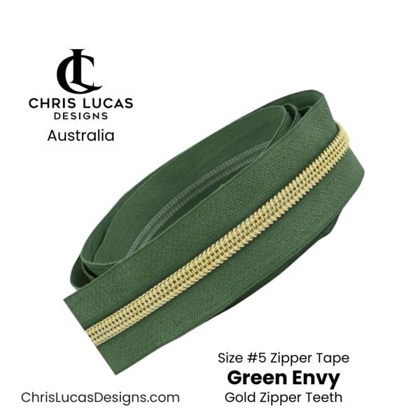 Green Envy Zipper Tape with Gold Zipper Teeth Size #5 Australian Bag Making Supplies Australia Chris Lucas Designs