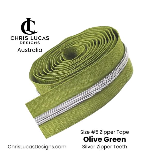 Olive Green Zipper Tape with Silver Zipper Teeth Size #5 Australian Bag Making Supplies Australia Chris Lucas Designs