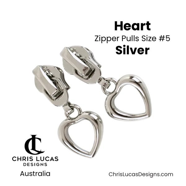 Heart Zipper Pulls Size #5 Silver Australian Sewing and Bag Making Supplies Australia Chris Lucas Designs Handbag Hardware