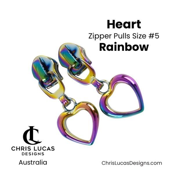 Heart Zipper Pulls Size #5 Rainbow Australian Sewing and Bag Making Supplies Australia Chris Lucas Designs Handbag Hardware