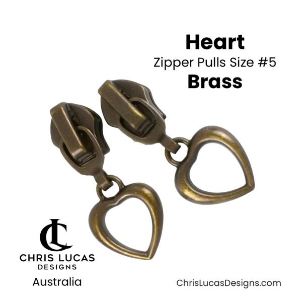 Heart Zipper Pulls Size #5 Brass Australian Sewing and Bag Making Supplies Australia Chris Lucas Designs Handbag Hardware