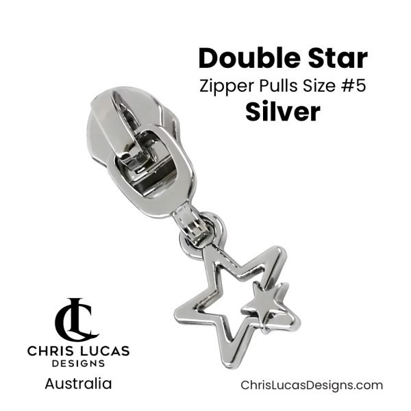 Double Star Zipper Pulls Size #5 Silver Australian Sewing and Bag Making Supplies Australia Chris Lucas Designs Handbag Hardware