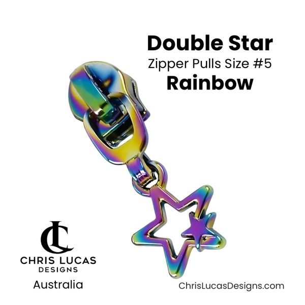 Double Star Zipper Pulls Size #5 Rainbow Australian Sewing and Bag Making Supplies Australia Chris Lucas Designs Handbag Hardware
