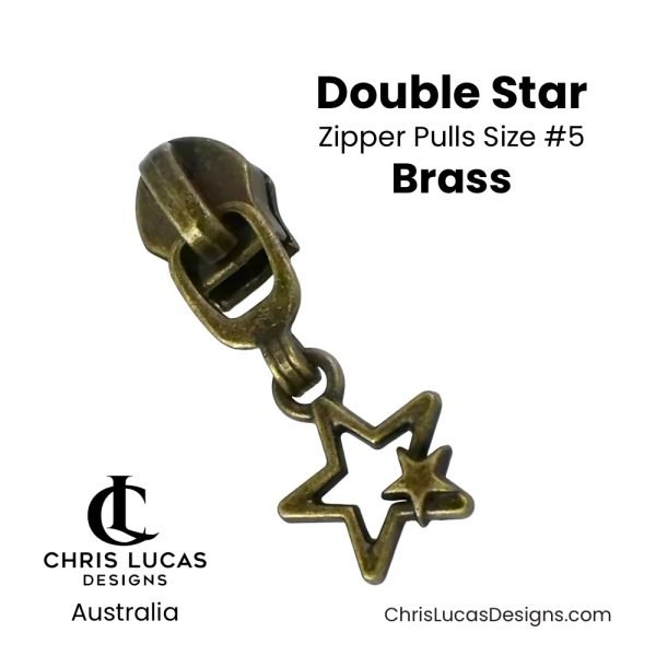 Double Star Zipper Pulls Size #5 Brass Australian Sewing and Bag Making Supplies Australia Chris Lucas Designs Handbag Hardware