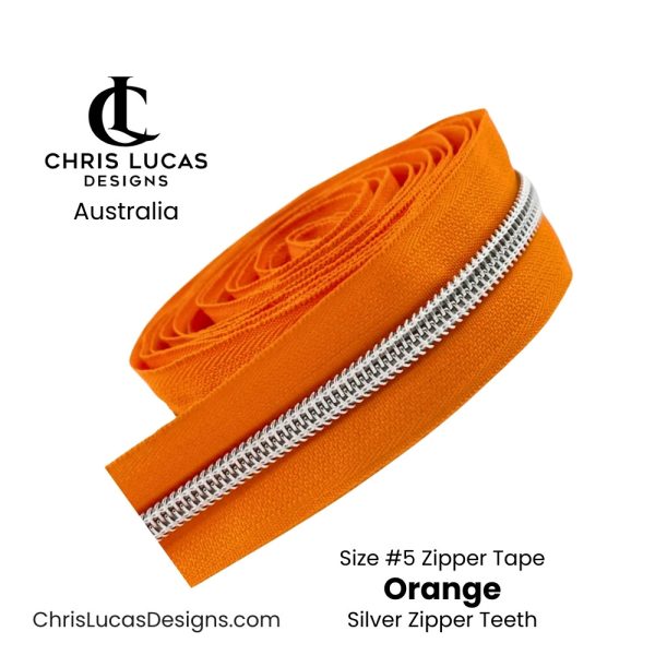 Orange Zipper Tape with Silver Teeth Size #5 Australian Bag Making Supplies Chris Lucas Designs Australia