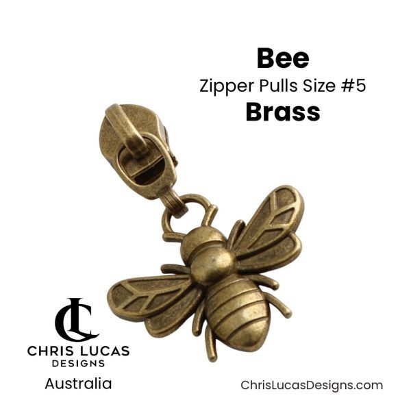 Bee Zipper Pulls Size #5 Brass Australian Sewing and Bag Making Supplies Australia Chris Lucas Designs Handbag Hardware