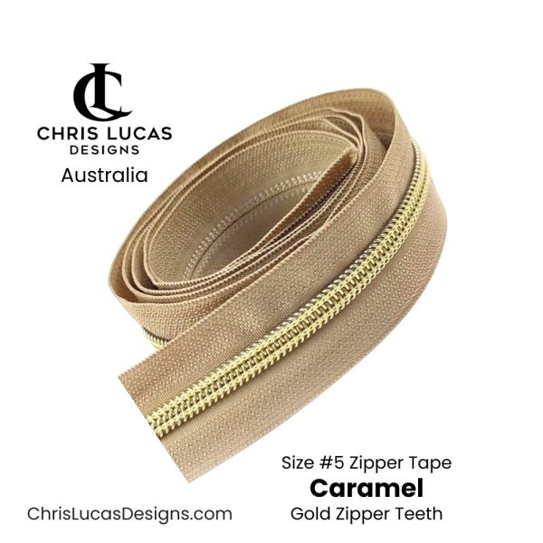 Caramel Zipper Tape with Gold Zipper Teeth Size #5 Australian Bag Making Supplies Australia Chris Lucas Designs