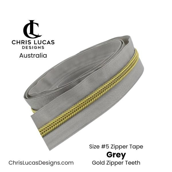 Grey Zipper Tape with Gold Zipper Teeth Size #5 Australian Bag Making Supplies Australia Chris Lucas Designs