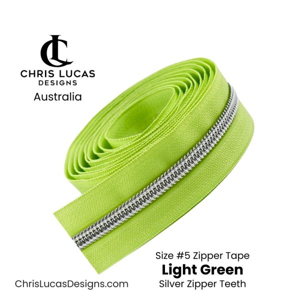 Light Green Zipper Tape with Silver Zipper Teeth Size #5 Australian Bag Making Supplies Australia Chris Lucas Designs