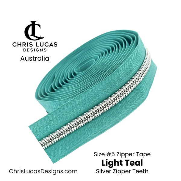 Light Teal Zipper Tape with Silver Zipper Teeth Size #5 Australian Bag Making Supplies Australia Chris Lucas Designs