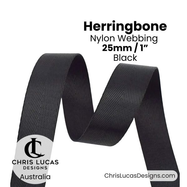 Black 25mm Herringbone Nylon Webbing for bag straps and handles from Chris Lucas Designs Australia