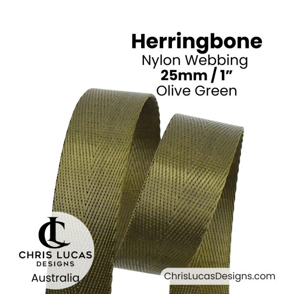 Olive Green 25mm Herringbone Nylon Webbing for bag straps and handles from Chris Lucas Designs Australia