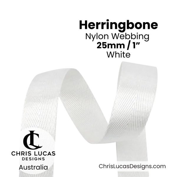 White 25mm Herringbone Nylon Webbing for bag straps and handles from Chris Lucas Designs Australia