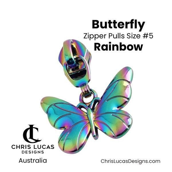 Butterfly Zipper Pulls Size #5 Rainbow Australian Sewing and Bag Making Supplies Australia Chris Lucas Designs Handbag Hardware