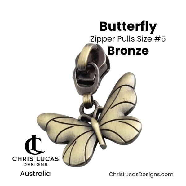 Butterfly Zipper Pulls Size #5 Bronze Australian Sewing and Bag Making Supplies Australia Chris Lucas Designs Handbag Hardware