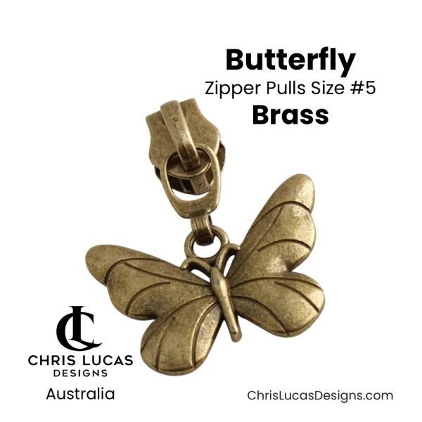 Butterfly Zipper Pulls Size #5 Brass Australian Sewing and Bag Making Supplies Australia Chris Lucas Designs Handbag Hardware