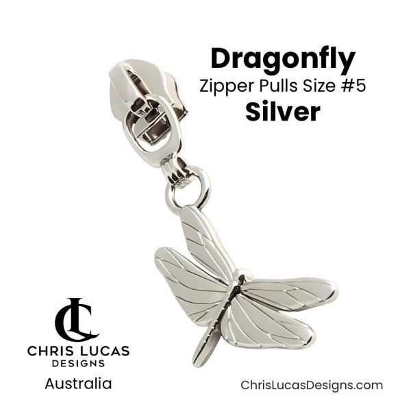 Dragonfly Zipper Pulls Size #5 Silver Australian Sewing and Bag Making Supplies Australia Chris Lucas Designs Handbag Hardware