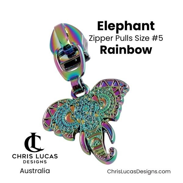 Elephant Zipper Pulls Size #5 Rainbow Australian Sewing and Bag Making Supplies Australia Chris Lucas Designs Handbag Hardware