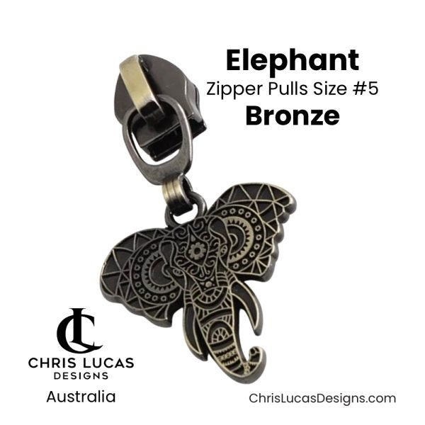 Elephant Zipper Pulls Size #5 Bronze Australian Sewing and Bag Making Supplies Australia Chris Lucas Designs Handbag Hardware