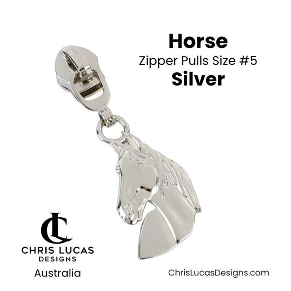 Horse Zipper Pulls Size #5 Silver Australian Sewing and Bag Making Supplies Australia Chris Lucas Designs Handbag Hardware