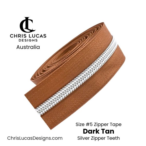 Dark Tan Zipper Tape with Silver Zipper Teeth Size #5 Australian Bag Making Supplies Australia Chris Lucas Designs