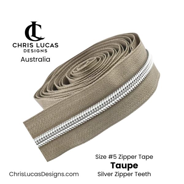 Taupe Zipper Tape with Silver Zipper Teeth Size #5 Australian Bag Making Supplies Australia Chris Lucas Designs