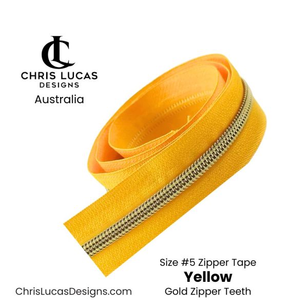 Yellow Zipper Tape with Gold Zipper Teeth Size #5 Australian Bag Making Supplies Australia Chris Lucas Designs