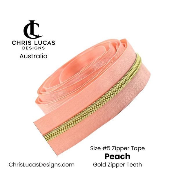 Peach Zipper Tape with Gold Zipper Teeth Size #5 Australian Bag Making Supplies Australia Chris Lucas Designs