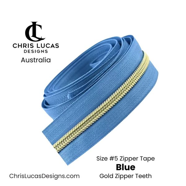 Blue Zipper Tape with Gold Zipper Teeth Size #5 Australian Bag Making Supplies Australia Chris Lucas Designs
