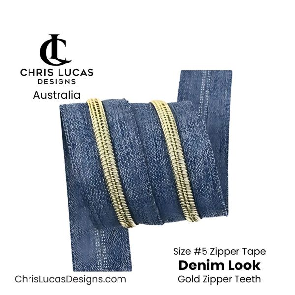 Denim Look Zipper Tape with Gold Zipper Teeth Australian Bag Making Supplies Australia Chris Lucas Designs