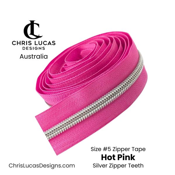 Hot Pink Zipper Tape with Silver Zipper Teeth Size #5 Australian Bag Making Supplies Australia Chris Lucas Designs