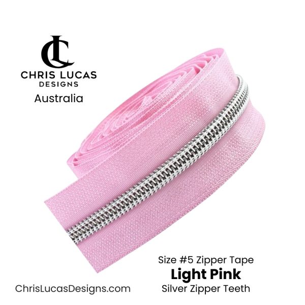 Light Pink Zipper Tape with Silver Zipper Teeth Size #5 Australian Bag Making Supplies Australia Chris Lucas Designs