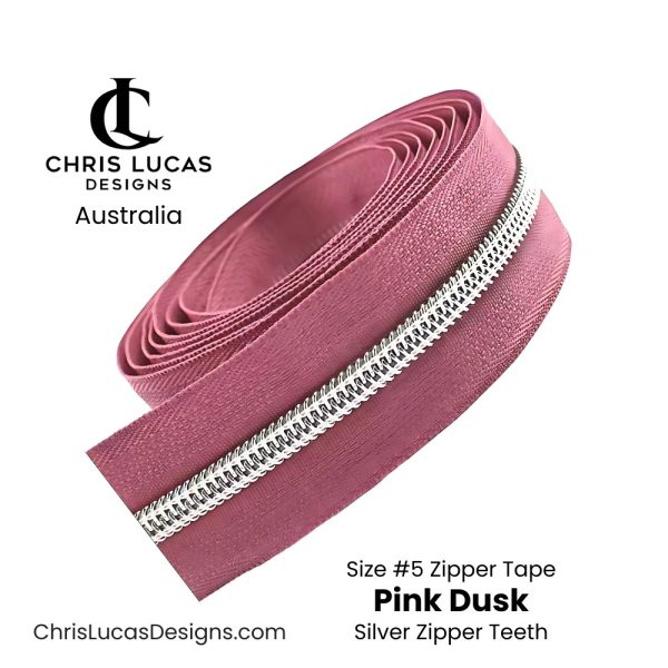 Pink Dusk Zipper Tape with Silver Zipper Teeth Size #5 Australian Bag Making Supplies Australia Chris Lucas Designs
