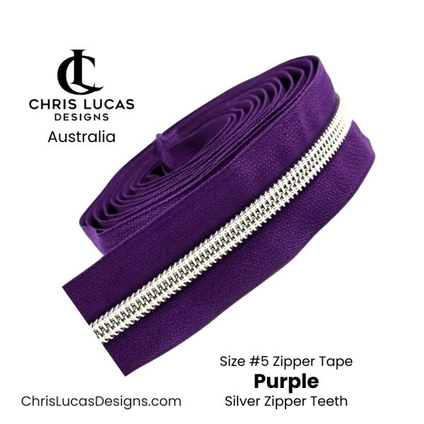 Purple Zipper Tape with Silver Zipper Teeth Size #5 Australian Bag Making Supplies Australia Chris Lucas Designs