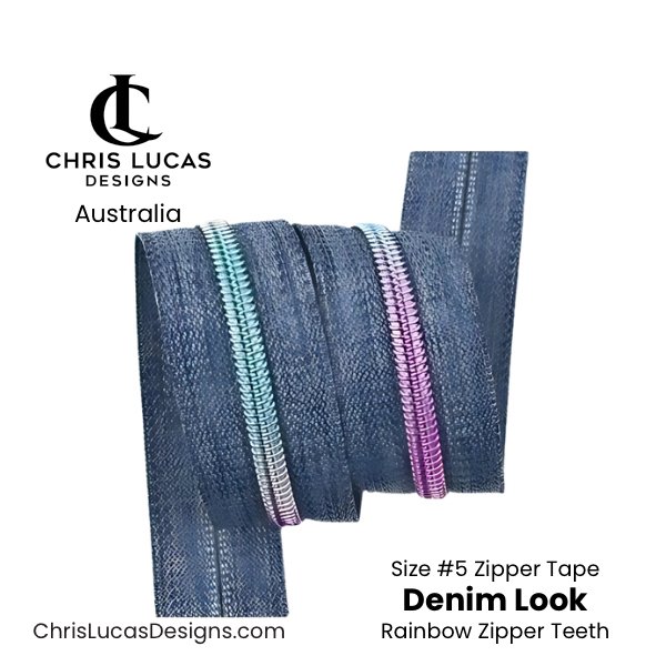 Denim Look Zipper Tape with Rainbow Zipper Teeth Size #5 Australian Bag Making Supplies Australia Chris Lucas Designs