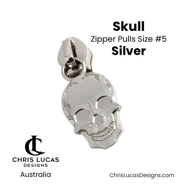 Skull Zipper Pulls Size #5 Silver Australian Sewing and Bag Making Supplies Australia Chris Lucas Designs Handbag Hardware