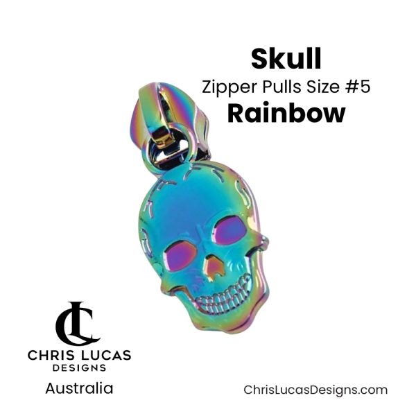 Skull Zipper Pulls Size #5 Rainbow Australian Sewing and Bag Making Supplies Australia Chris Lucas Designs Handbag Hardware