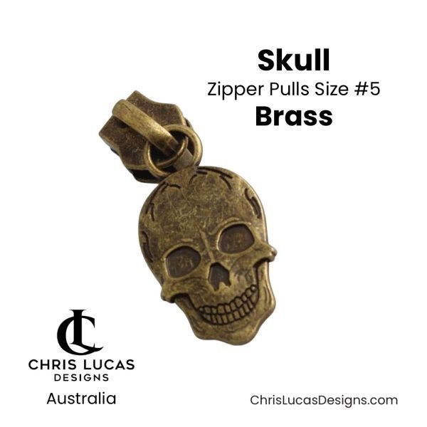 Skull Zipper Pulls Size #5 Brass Australian Sewing and Bag Making Supplies Australia Chris Lucas Designs Handbag Hardware