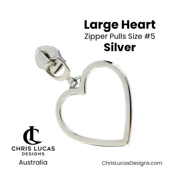 Large Heart Zipper Pulls Size #5 Silver Australian Bag Making Supplies Australia Chris Lucas Designs Handbag Hardware