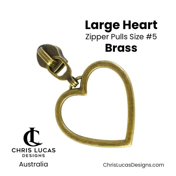 Large Heart Zipper Pulls Size #5 Brass Australian Bag Making Supplies Australia Chris Lucas Designs Handbag Hardware