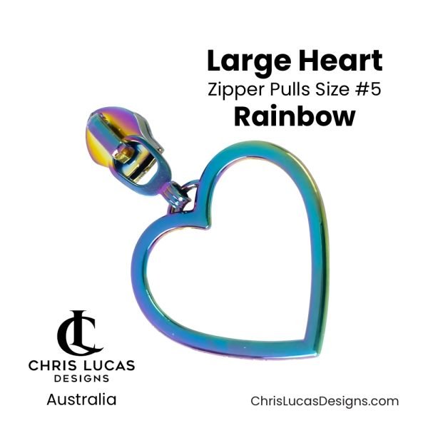 Large Heart Zipper Pulls Size #5 Rainbow Australian Bag Making Supplies Australia Chris Lucas Designs Handbag Hardware