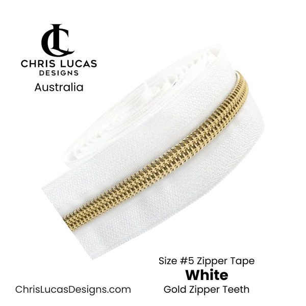 White Zipper Tape with Gold Teeth Size #5 Bag Making Supplies Australia Chris Lucas Designs