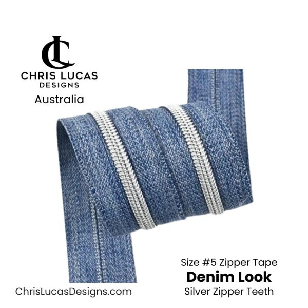 Denim Look Zipper Zipper Tape with Silver Teeth Size #5 Australian Bag Making Supplies Australia Chris Lucas Designs