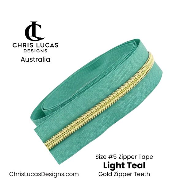 Light Teal Zipper Tape with Gold Zipper Teeth Size #5 Australian Bag Making Supplies Australia Chris Lucas Designs