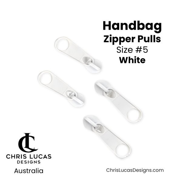 White Handbag Zipper Pulls Size #5 Australian Bag Making Supplies Australia Chris Lucas Designs
