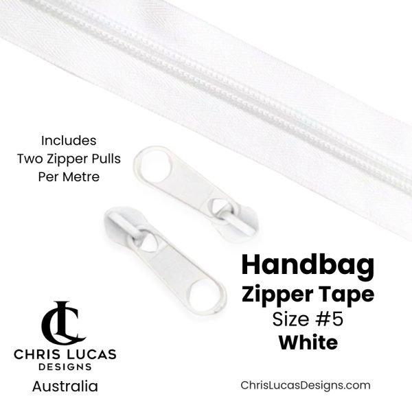 White Handbag Zipper Tape Size #5 Australian Bag Making Supplies Australia Chris Lucas Designs