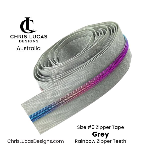 Grey Zipper Tape with Rainbow Zipper Teeth Size #5 Australian Bag Making Supplies Australia Chris Lucas Designs