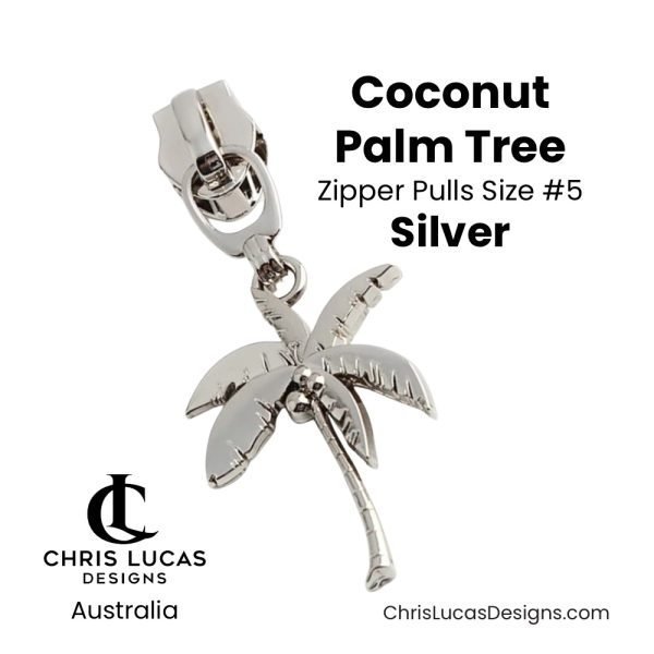 Coconut Palm Tree Zipper Pulls Size #5 Silver Australian Sewing and Bag Making Supplies Australia Chris Lucas Designs Handbag Hardware